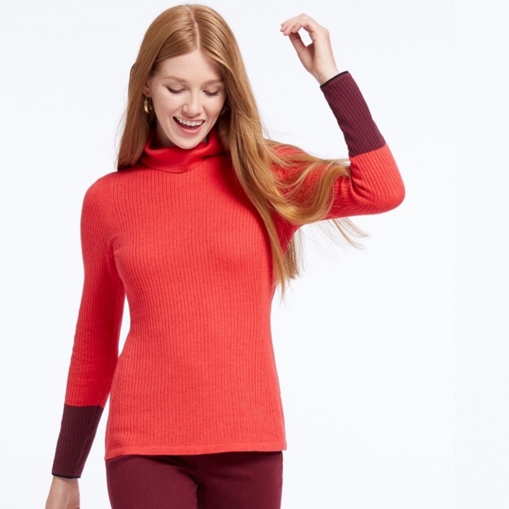Nic + Zoe Balance L Ribbed Contrast Cuff Turtleneck Cotton Blend Sweater Red